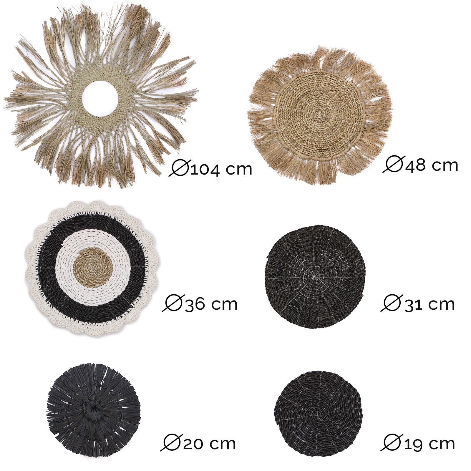 Kuuden luonnonmukaisen seinäkoristeen setti